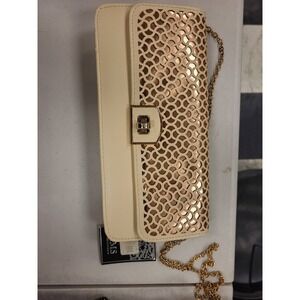 MMS Design Studio Clutch Purse Evening Bag Chain Strap Beige Laser Cut Design